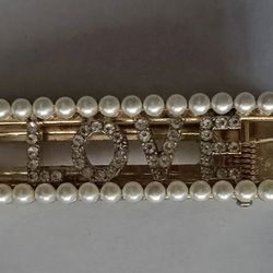 ARTESAN ORIGINAL  DESIGN  PEARL CLIP IN BARETTE INSCRIBED  "LOVE "CUBIC ZIRCONIA