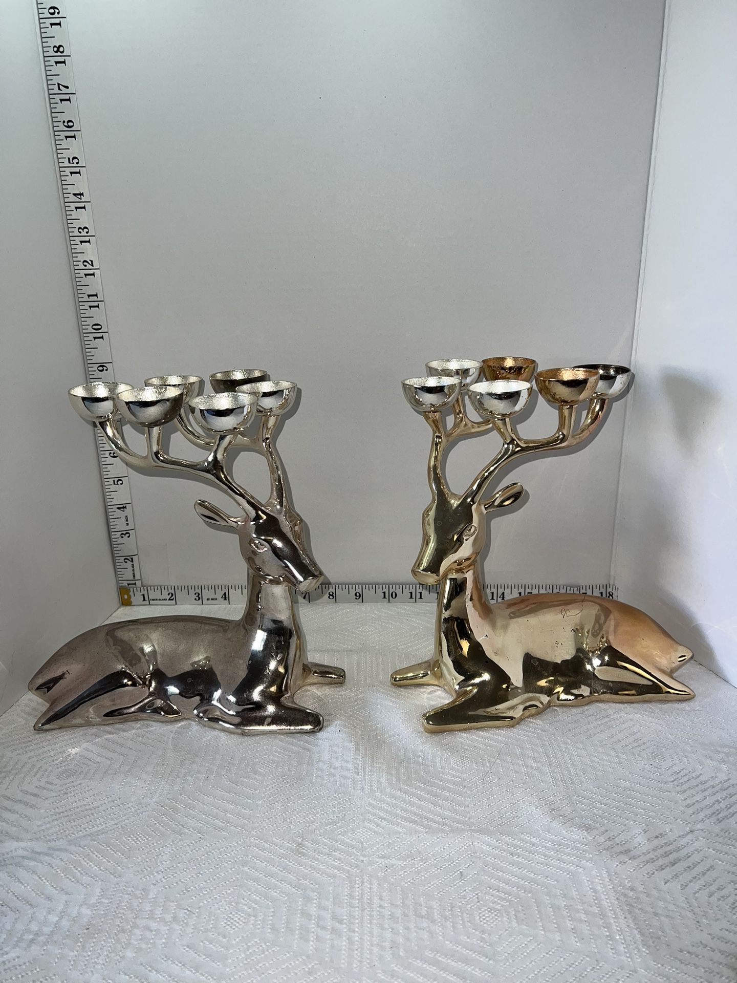 Vintage Brass Christmas Reindeer Candle Sticks Holder Set of 2 heavy laying down