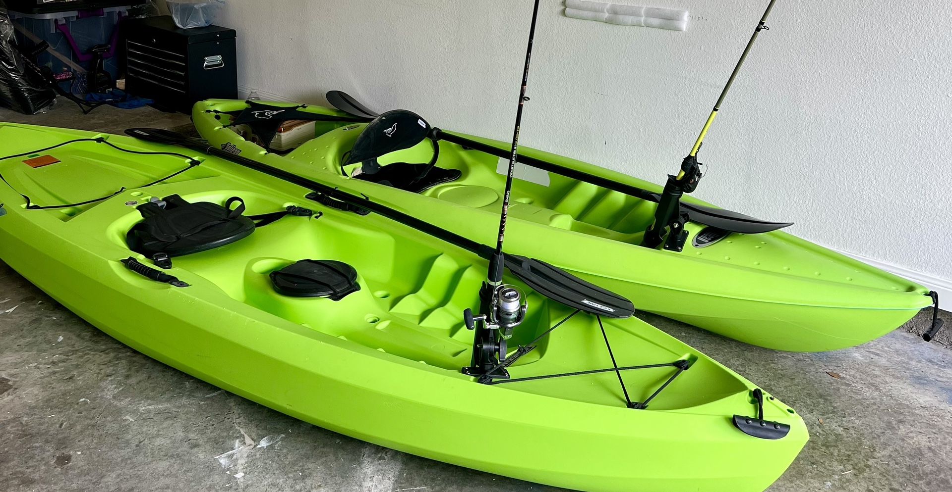 2 Like-New Kayaks with Gear 10ft length Having garage sale for moving! All must go!!