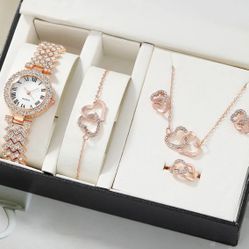 6pc Dainty Quartz Watch With Heart Jewelry Set For Women Rhinestone Watch Double Heart Necklace Bracelet Earrings Ring Set