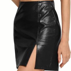 MANGOPOP Womens High Waist Bodycon Mini Short Faux Leather Skirt with Slit