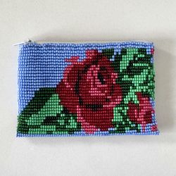 Handmade Beaded Coin Purse Small Floral Zip Blue Red Rose
