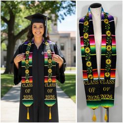 Class of 2026 Mexican Zarape Commencement Graduation Stole Sash with Sunflowers Girasoles