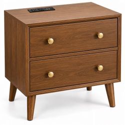 24” Walnut Nightstand with 2 Drawers & Charging Station
