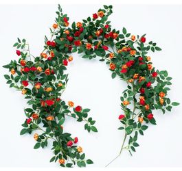 2PCS x 6FT Rose Garland Artificial Flower Vine for Home Decor, Orange Bendable floral Garland Silk rose Vine for outdoor wall trellis backdrop Baby sh