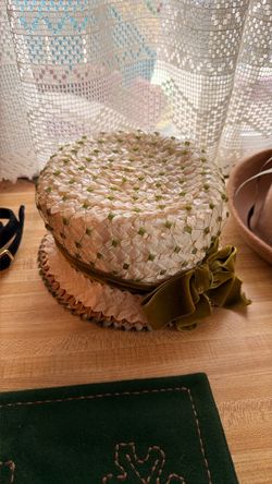 Vintage Woven Straw Hat with Velvet Bow