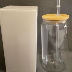 Regular 16oz Glass Can With Bamboo Lid With Plastic Straw