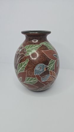 Mexican Handmade Pottery Vase Bird Floral Design Multicolor Decorative (COD0111)