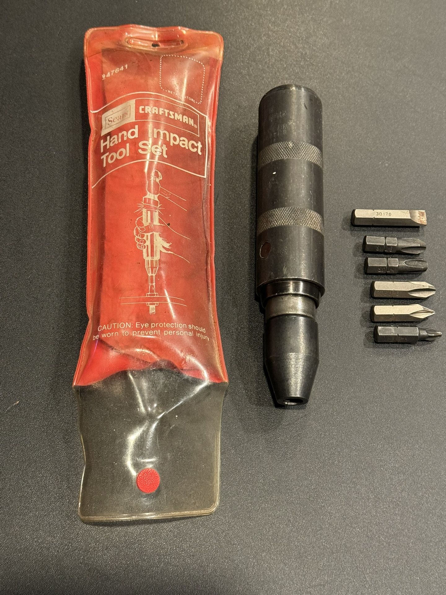 SEARS CRAFTSMAN USA 9 47641 HAND IMPACT TOOL SET. INCLUDES 6 BITS AS SHOWN.