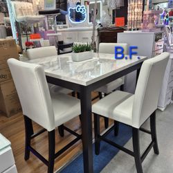 🥊  Dining Set 5 Pcs, White Top Faux Marble, Black Frame, New in the Box.