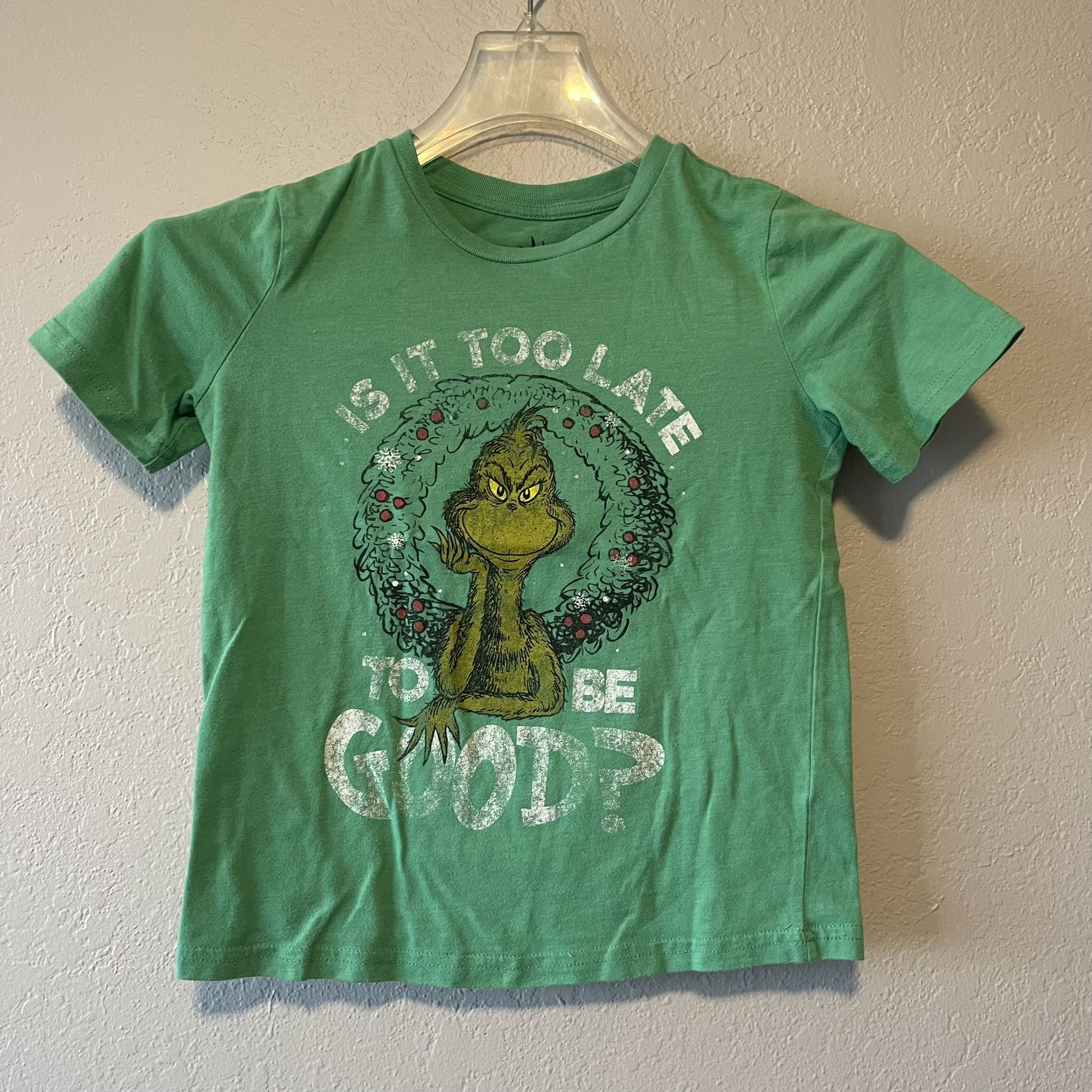 Dr. Seuss The Grinch, Boys Green Is it too late to be good Christmas Shirt Size7