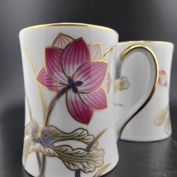 Set Of 4 Vintage Fitz And Floyd Gold Cloisonne Lotus Coffee Mugs 