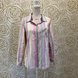 Tommy Hilfiger Women's Multi Stripe Roll Tab Button Long Sleeve Shirt