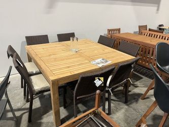 Modern 9PC Square Dining Set – 100% FSC Solid Teak Wood Table + Wicker Chairs | Open Box | Commercial Grade Heavy Duty | Outdoor Patio | Closeout Deal