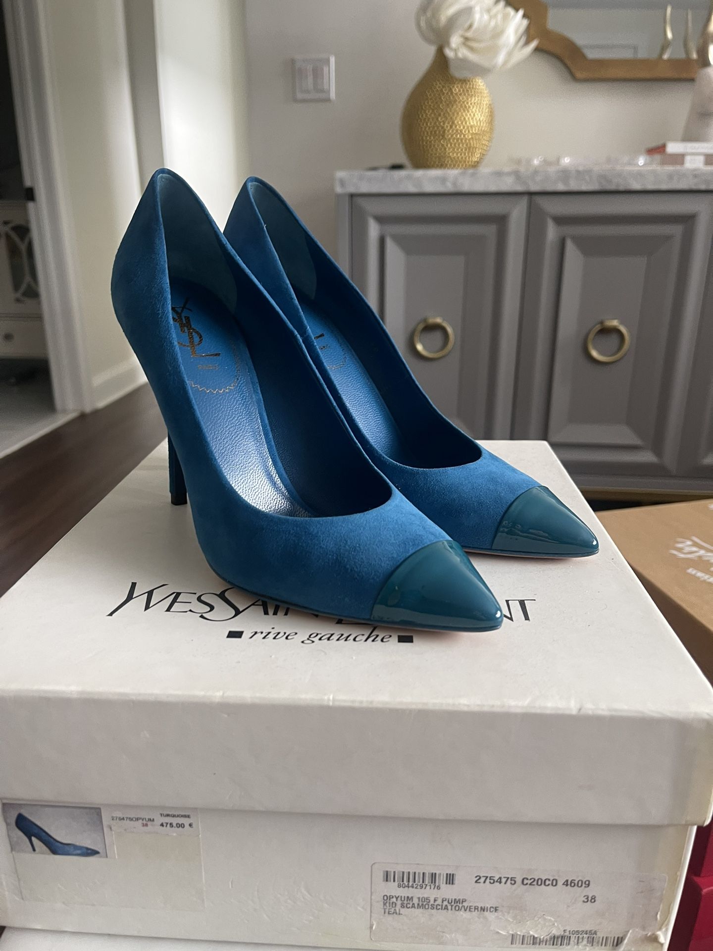 YSL Saint Laurent Opyum 105 Teal Suede Pumps Heels Size 38