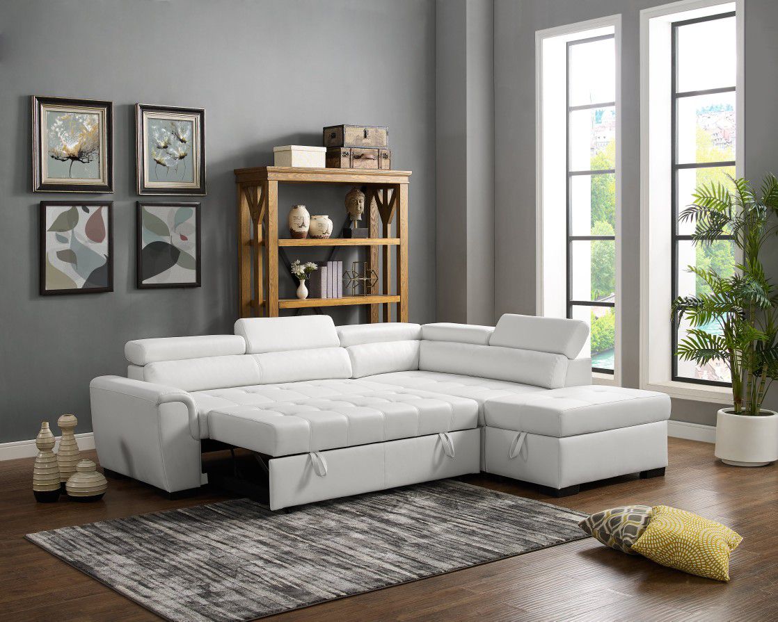 New white bonded leather sofa sectional with storage ottoman and pull our bed