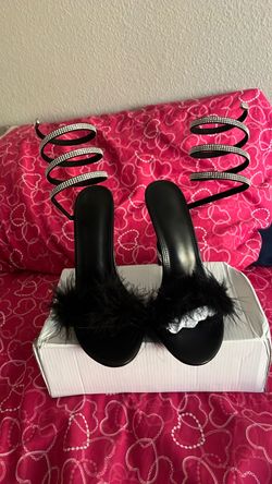 Black Feather Rhinestone Spiral Heels