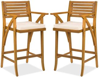 2pc Stool Chairs with Cushion, Teak Finish