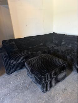 $10 Down! Black Fluffy Couch Corduroy L Shape Sectional Sofa Ottoman Included