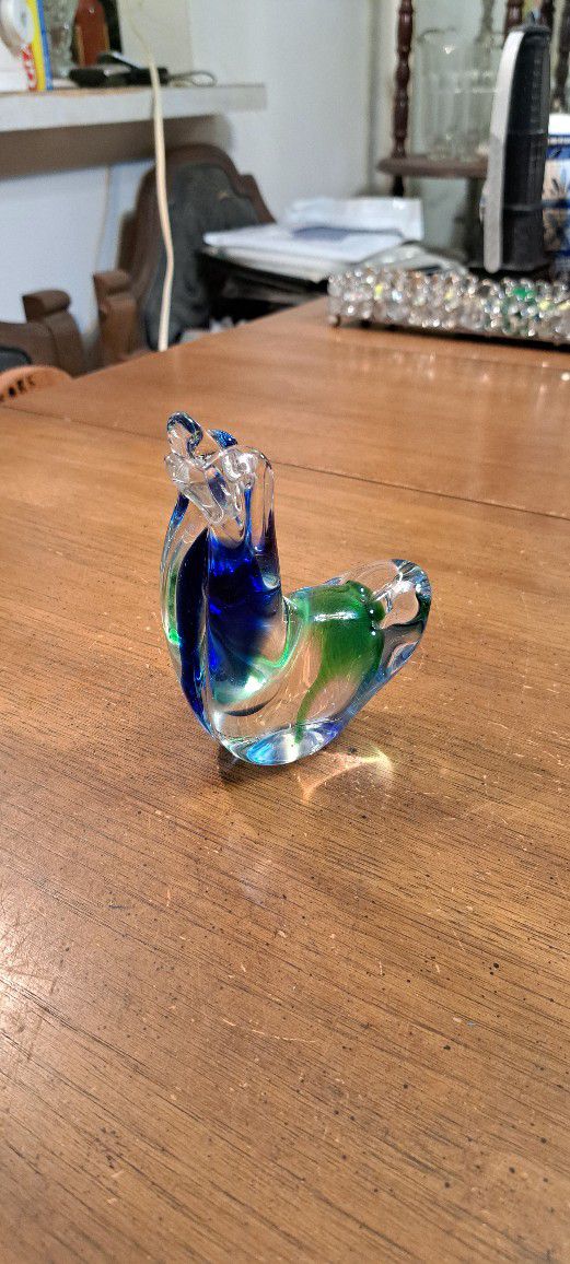 Murano Style Art Glass Figurine Double-Headed Duck In Lovely Blue, Green & Clear, 5"H X 4"L