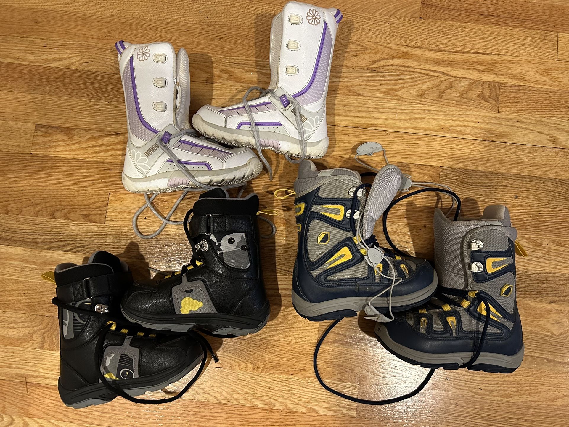 KIDS SNOWBOARD BOOTS. SZ 3 & 4. $50 EACH