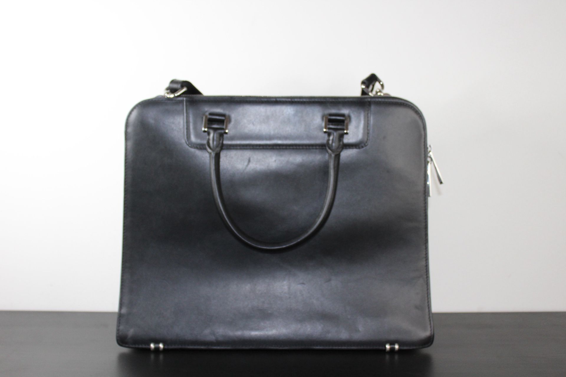 BARNEYS NEW YORK Dark Black Leather Briefcase Messenger Bag