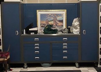 Garage workbench with overhead storage cabinets