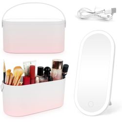 Travel Makeup Box with LED Light Mirror Plastic Cosmetic Case with Lighted Mirror Portable Makeup Storage Box Mirror with Lights for Traveling Jewelry