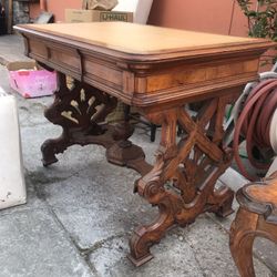 Antique desk leather top with chair