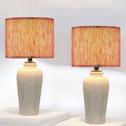 Set Of 2 Large Ribbed Ceramic Table Lamps, Beige With Multi-Red - Bohemia Style Fabric Lampshade. 26”
