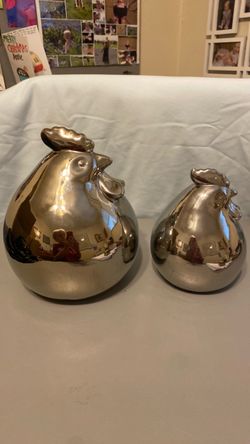 Silver glazed ceramic chickens