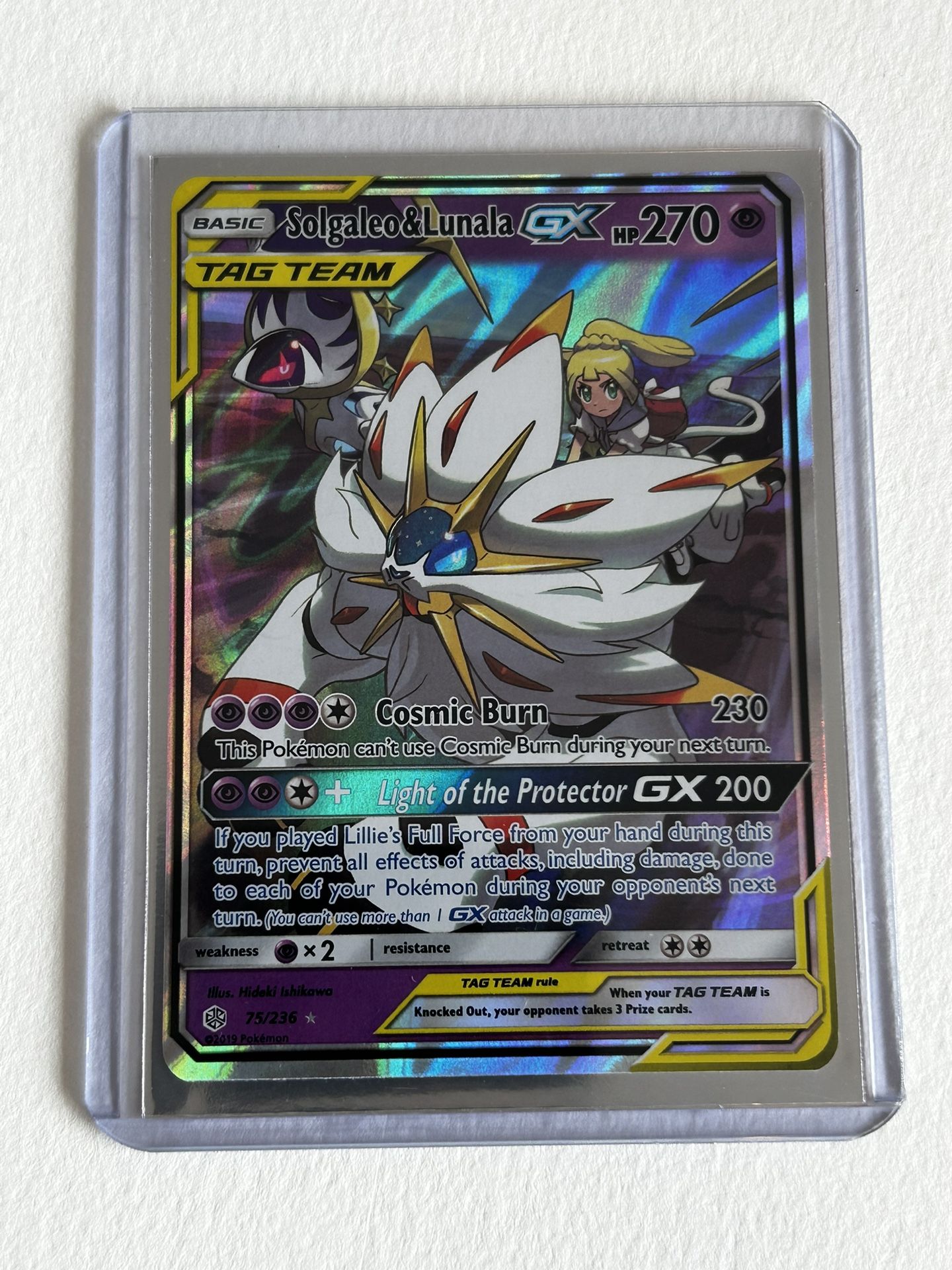 Solgaleo & Lunala GX - 75/236 ULTRA RARE Tag Team Pokemon Card Cosmic Eclipse Double Sleeved Near Mint or Better