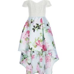 Rare Editions White Lace Bodice with Blue Floral High-Low Dress Sz14