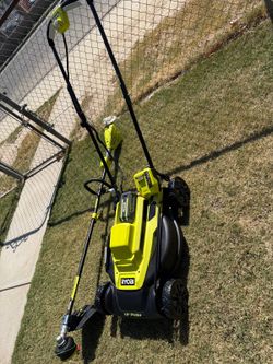 RYOBI 40V 18-inch push lawn mower with string trimmer, (1) 4Ah battery, and (1) charger.