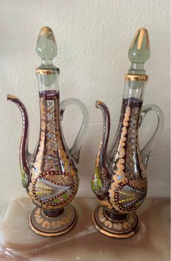 Pair of Hand-Painted Bohemian Glass Decanters