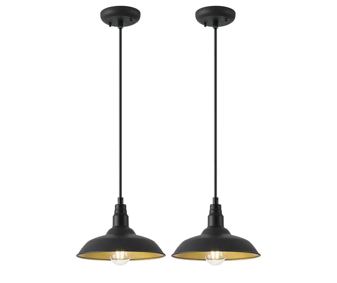 Goalplus 2 pieces 10in Dome Farmhouse Pendant Lights Black and Brass Kitchen Island Hanging Light Fixture for House, Outdoor Barn Pendant Ceiling Ligh