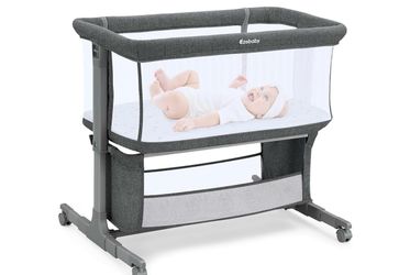 Ezebaby Bedside Bassinet for Baby, Portable Baby Bassinet Bedside Sleeper Adjustable 7 Heights and All Mesh Sides, Lockable Wheels, Large Storage Bask