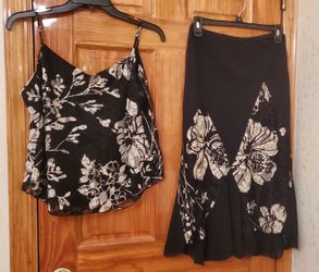 Sharom Max Skirt raffles valance & Tank Strap top 2 piece Summer set outfit t shirt blouse L Polyester Made in USA Vintage 90'