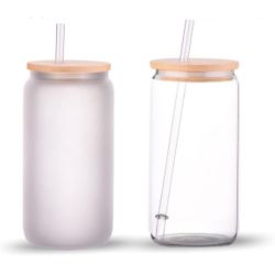 16oz Sublimation Glass Blanks With Bamboo Lid, and straw frosted or Clear  Beer Can Glass