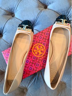 Tory Burch Two-Tone Patent Cap-Toe Flats in Beige and Black with Gold Logo