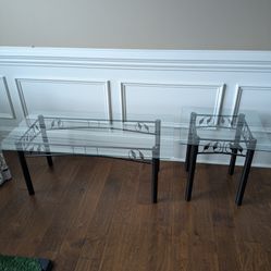 Glass And Black Ornamental Metal Coffee Table And End Table