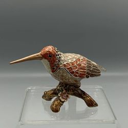 Vtg Jeweled Enameled Hinged Trinket Box Bird on Tree Branch Hummingbird Crystals