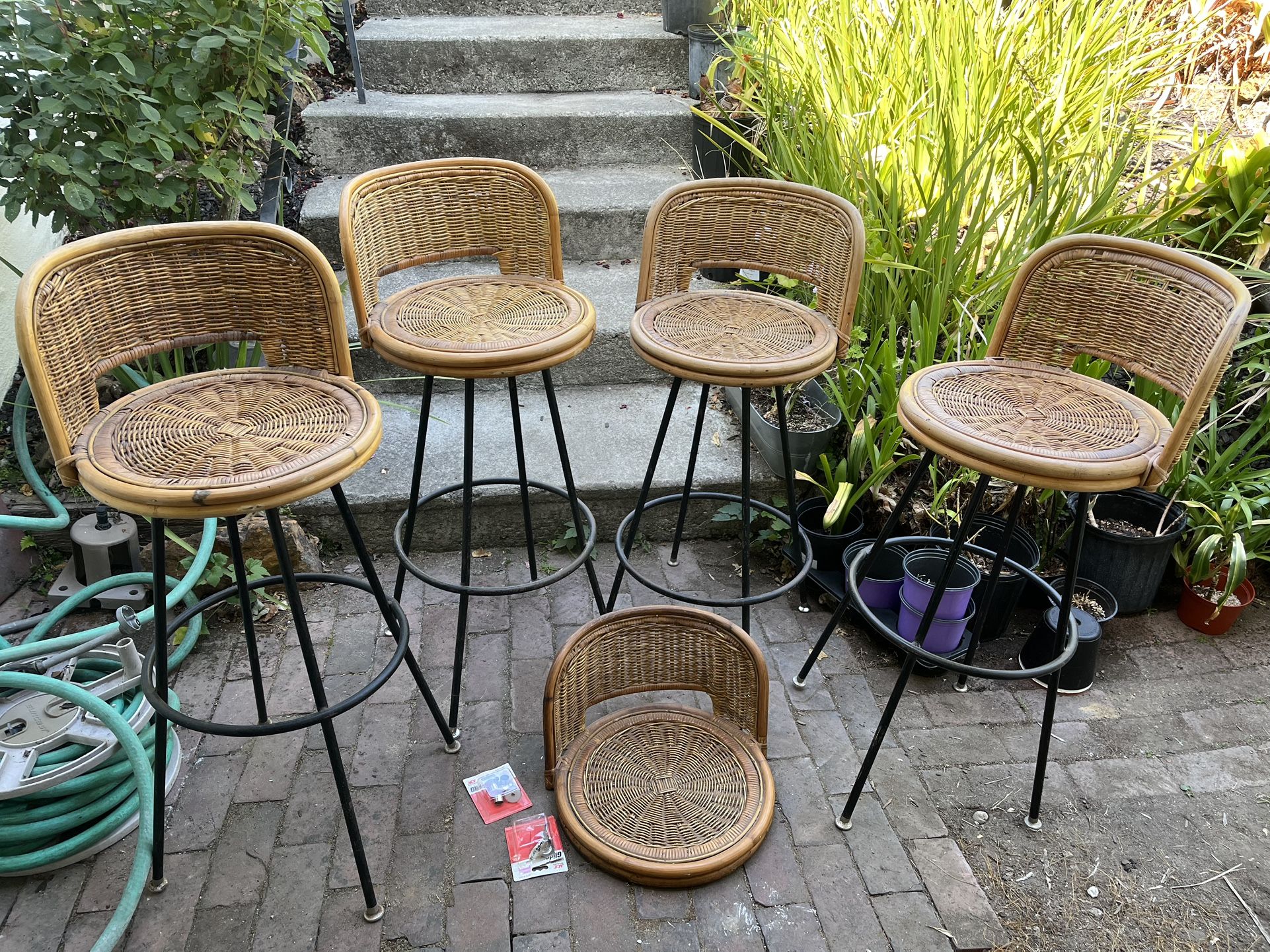 Vintage Rattan Bar Height Swivel Chairs