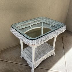 White Wicker Table with Glass Top