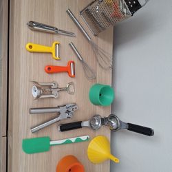Ikea Kitchen Accessory Set - cheese shredder, can opener, funnel, vegetable peelers and graters, soft spatula, potato peeler, whisks, corkscrew, lemon