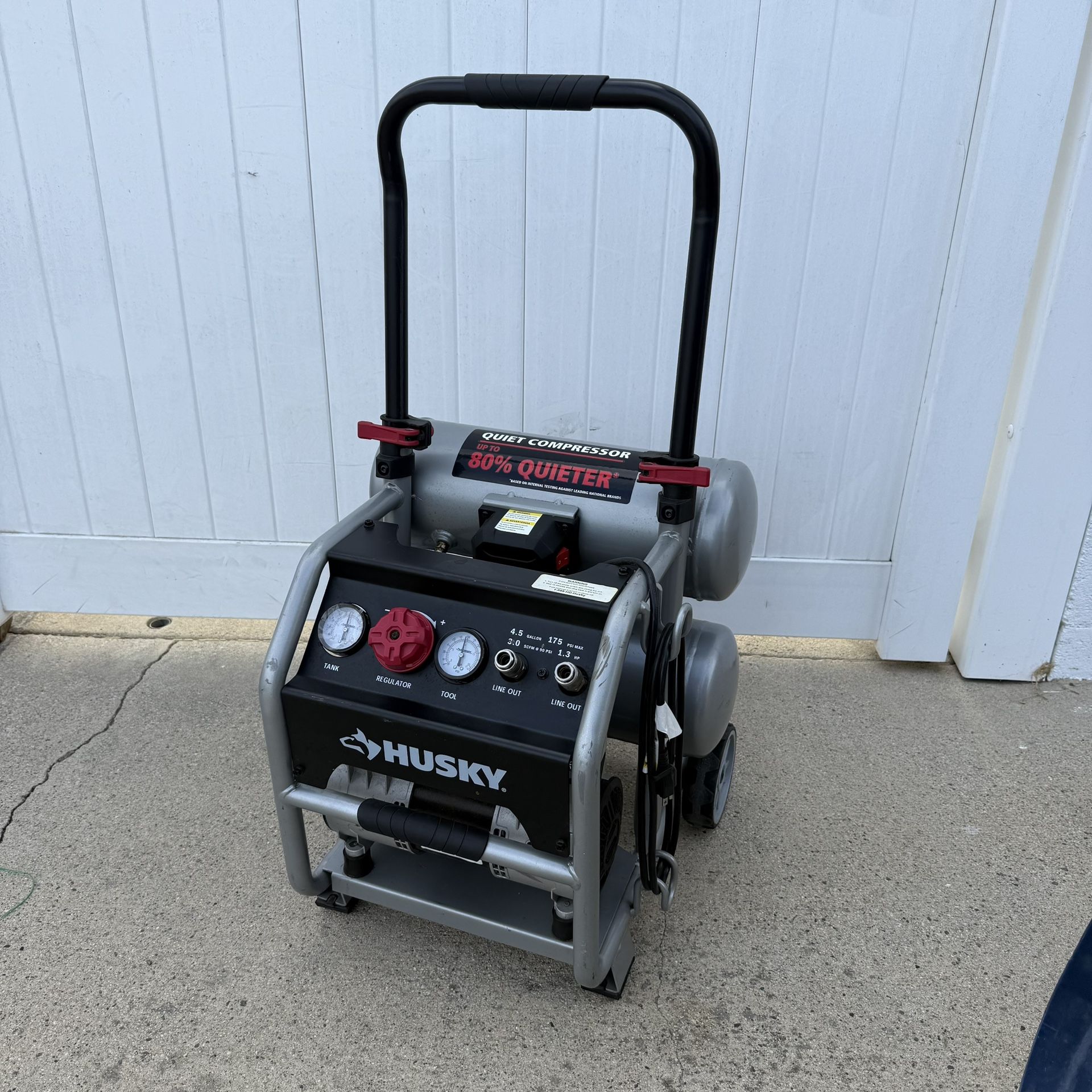 Husky 4.5 Gal. 175 PSI Portable Electric Oil-Free Quiet Twin Stack Jobsite Air Compressor w/Rubber Wheels and 2-Quick Couplers