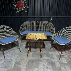 Wicker/Metal Patio Bench w/ 2 Wicker/Metal Patio Chairs w/ Cushions & Middle Folding Bamboo Table