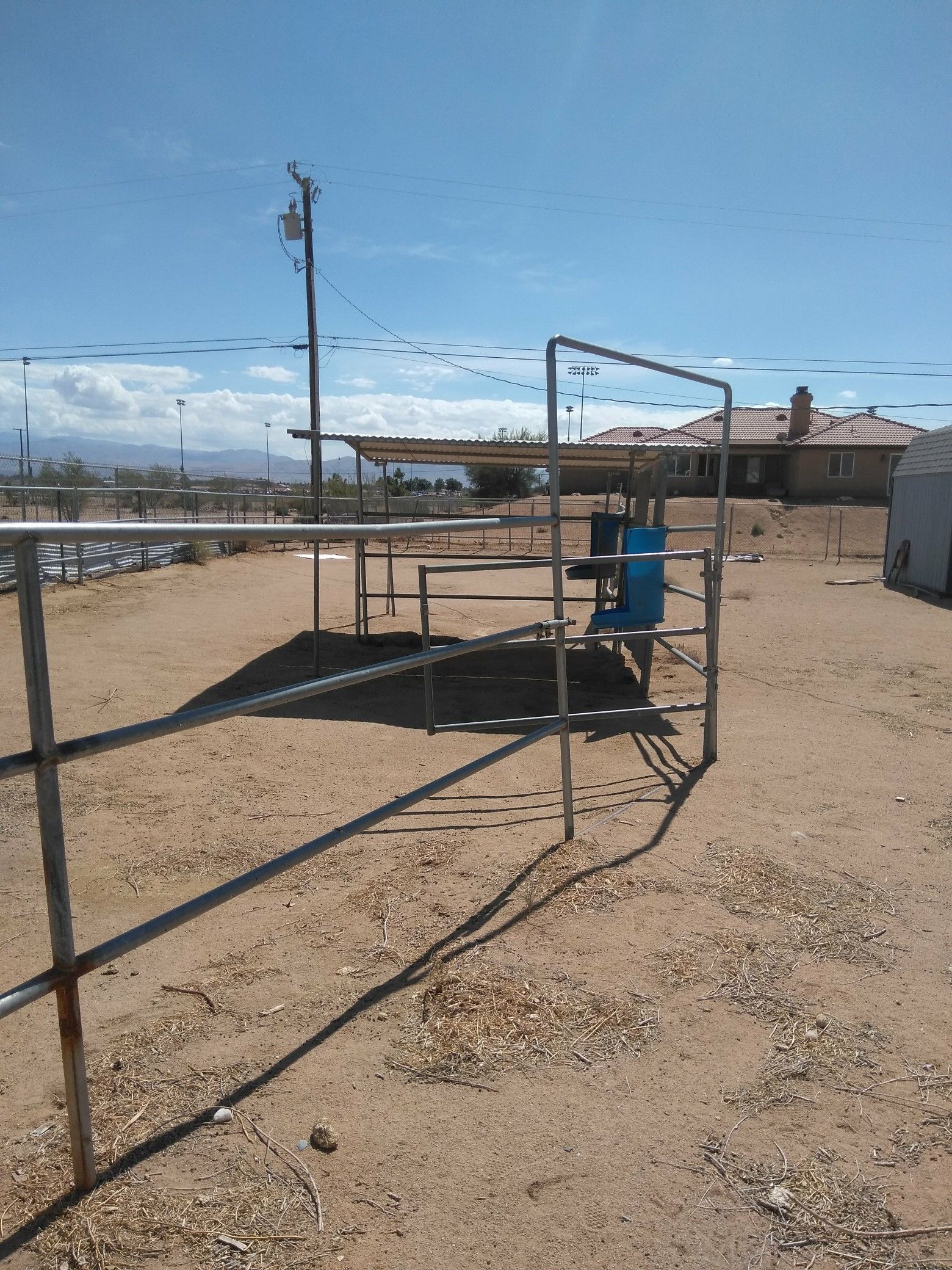 24 ft Pipe Corral panels, gate,and 2 covers with feeders horse stalls
