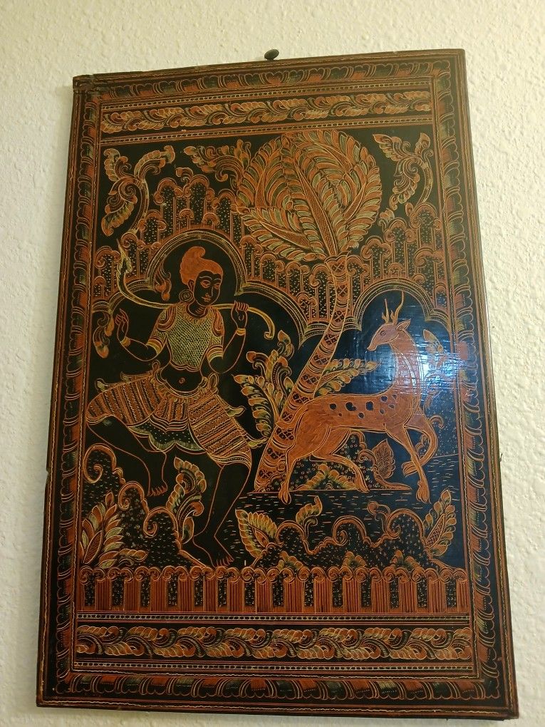 Unique Etched Burmese Lacquerware Painting