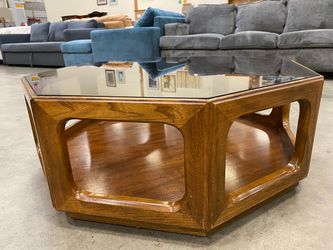 Octagonal Wooden Coffee Table with Smoked Glass Top and Wheels